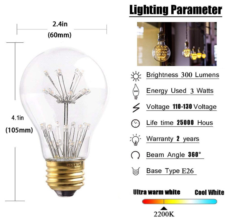 Best 3 Watts LED Fireworks Starry Light Bulbs Vintage Filament A60 A19 Edison Lamp Ultra Warm White