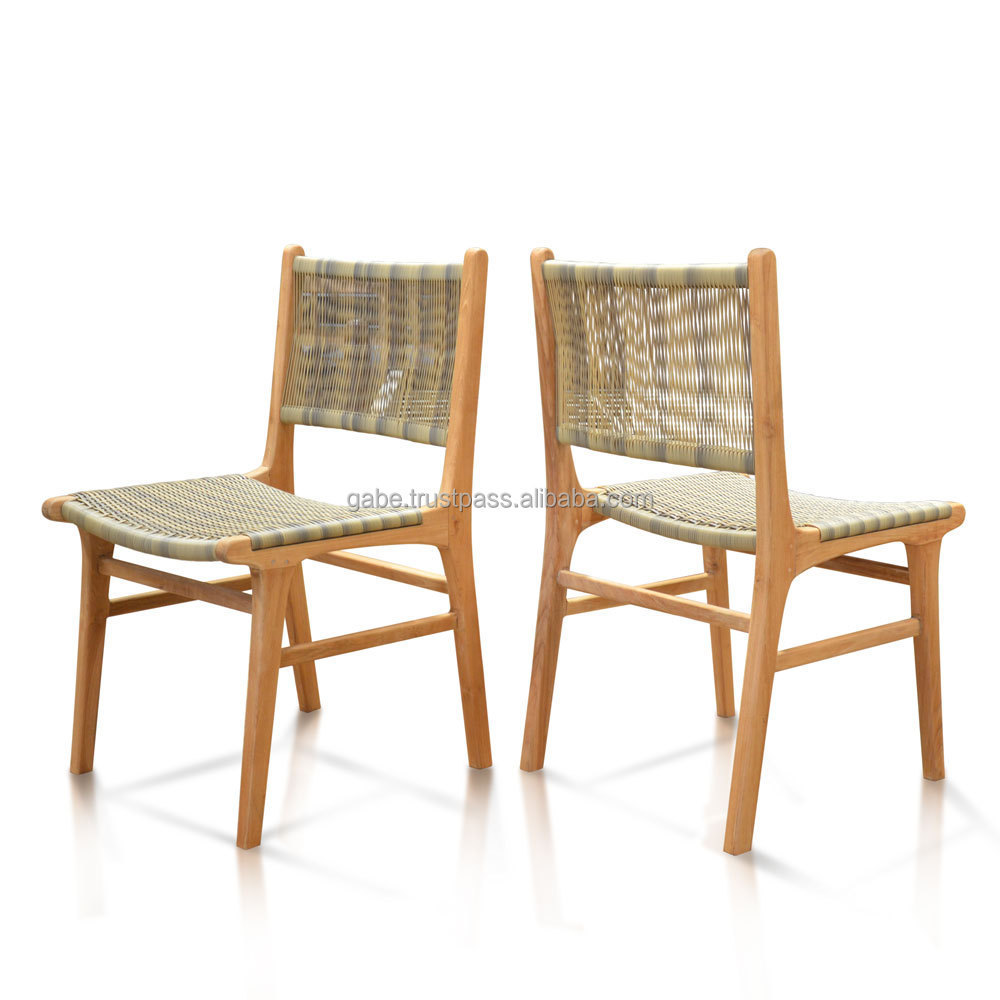 Natural Finish Solid Teak Wood Frame Chair with Synthetic Cord Webbing for Elegant Indoor & Outdoor Dining