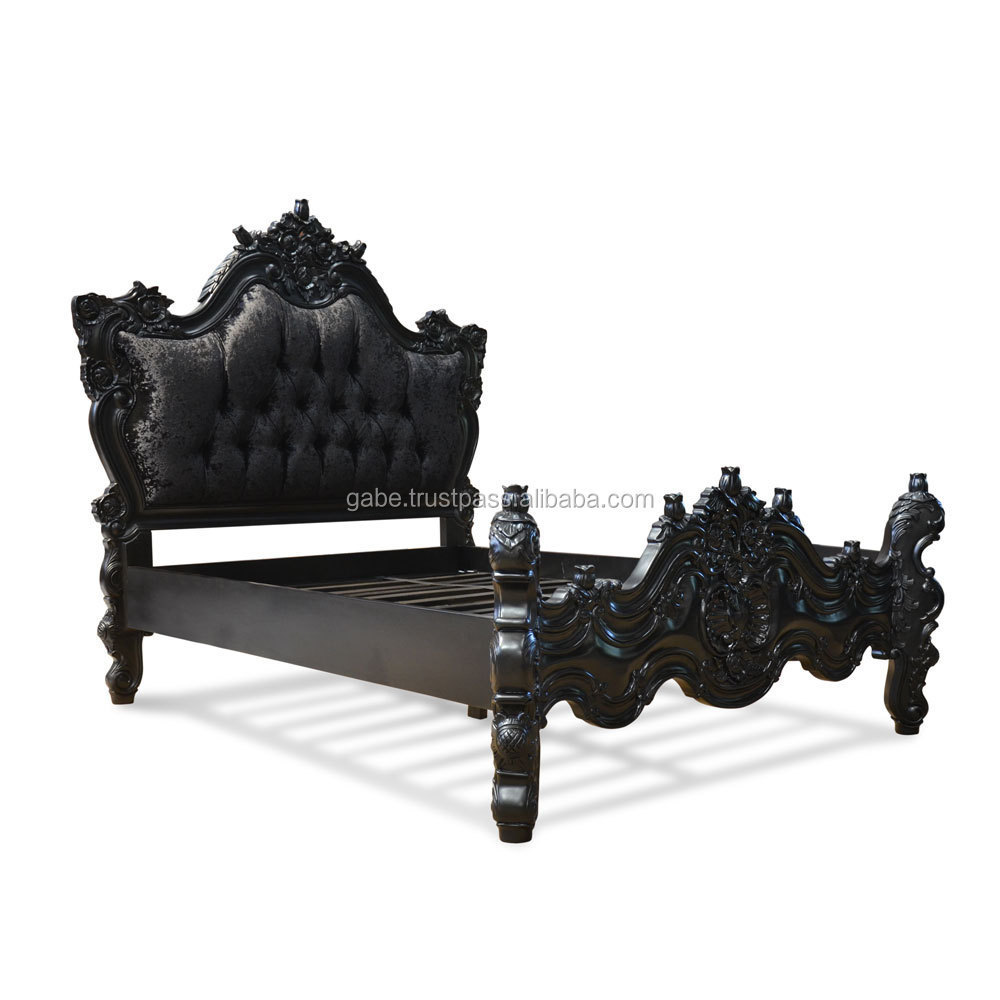 Cottage Bed Black Carved solid wooden with Padded Headboard