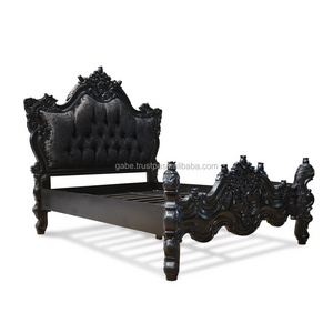 Cottage Bed Black Carved solid wooden with Padded Headboard