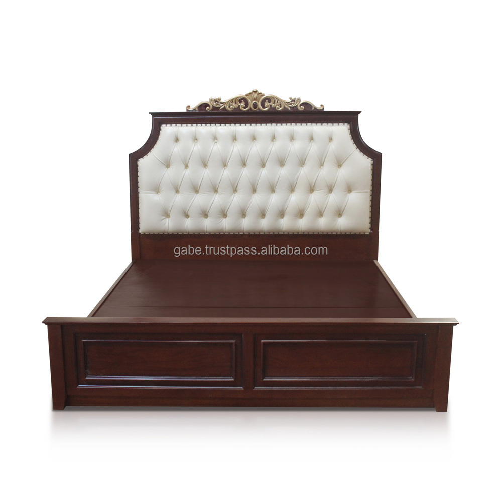 Bed Carved Classic style Solid wood Dark Brown Color Combination with Padded Headboard