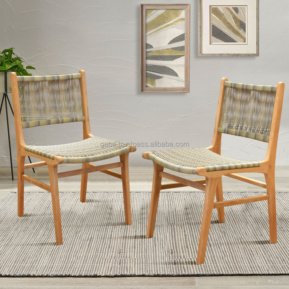 Natural Finish Solid Teak Wood Frame Chair with Synthetic Cord Webbing for Elegant Indoor & Outdoor Dining