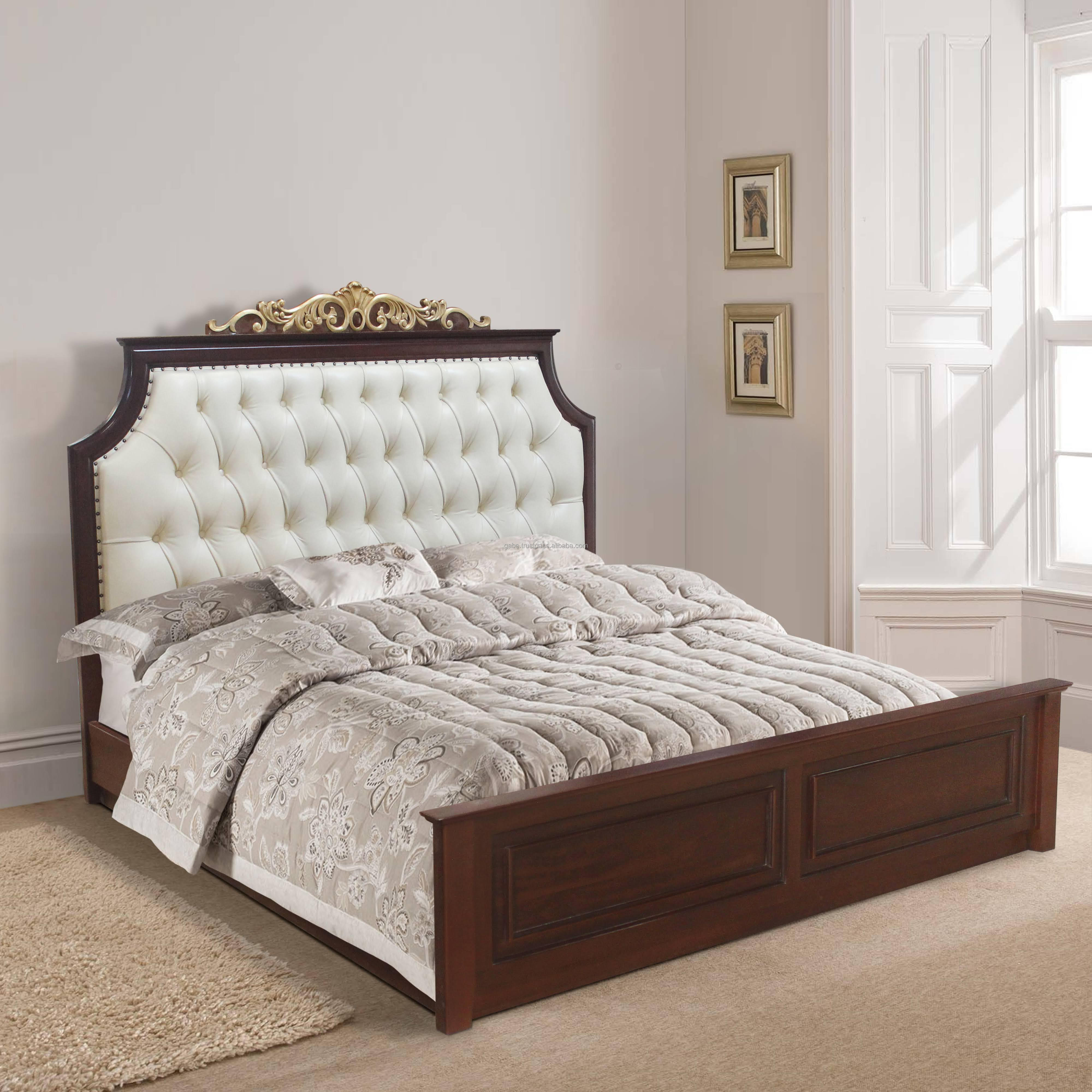 Bed Carved Classic style Solid wood Dark Brown Color Combination with Padded Headboard