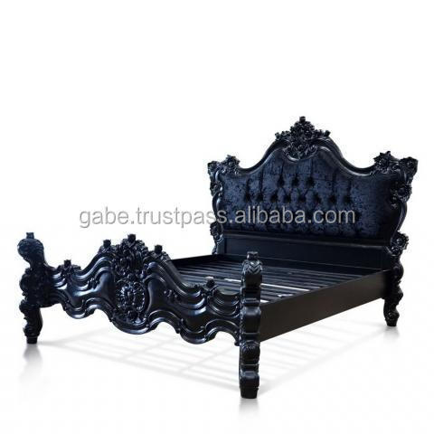 Cottage Bed Black Carved solid wooden with Padded Headboard