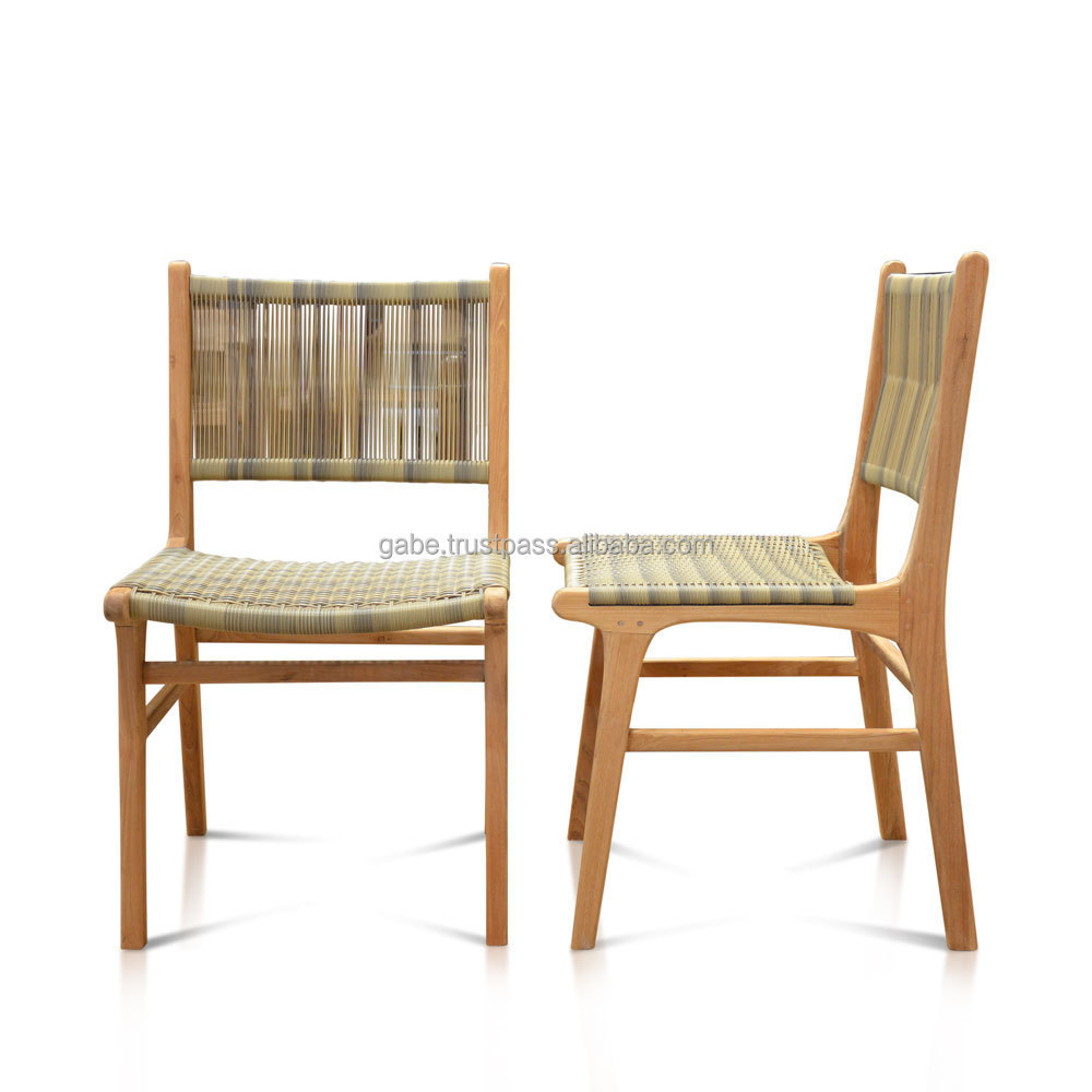 Natural Finish Solid Teak Wood Frame Chair with Synthetic Cord Webbing for Elegant Indoor & Outdoor Dining