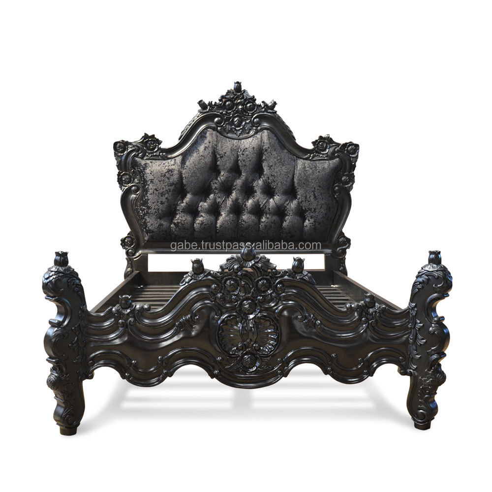 Cottage Bed Black Carved solid wooden with Padded Headboard