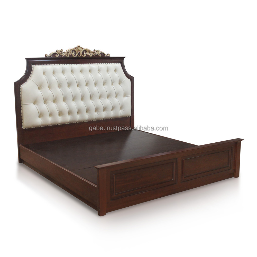 Bed Carved Classic style Solid wood Dark Brown Color Combination with Padded Headboard