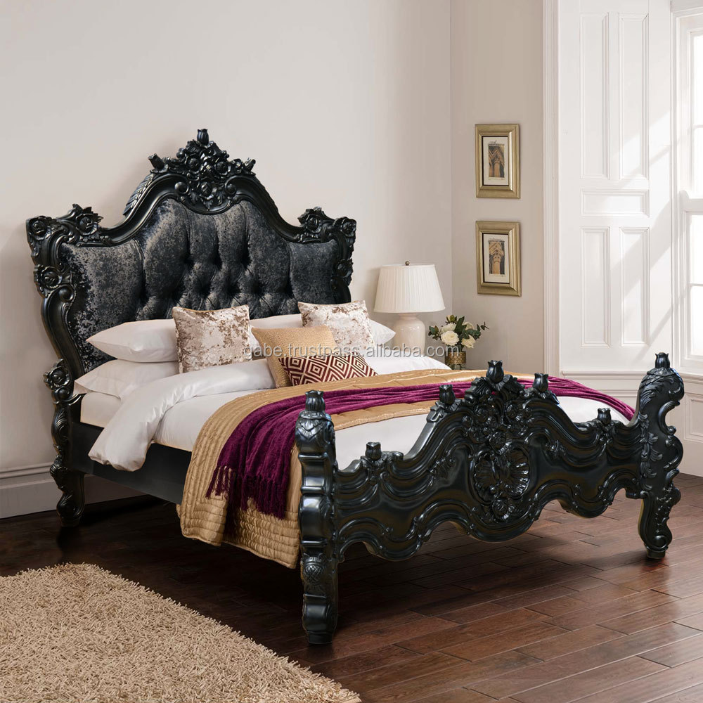 Cottage Bed Black Carved solid wooden with Padded Headboard