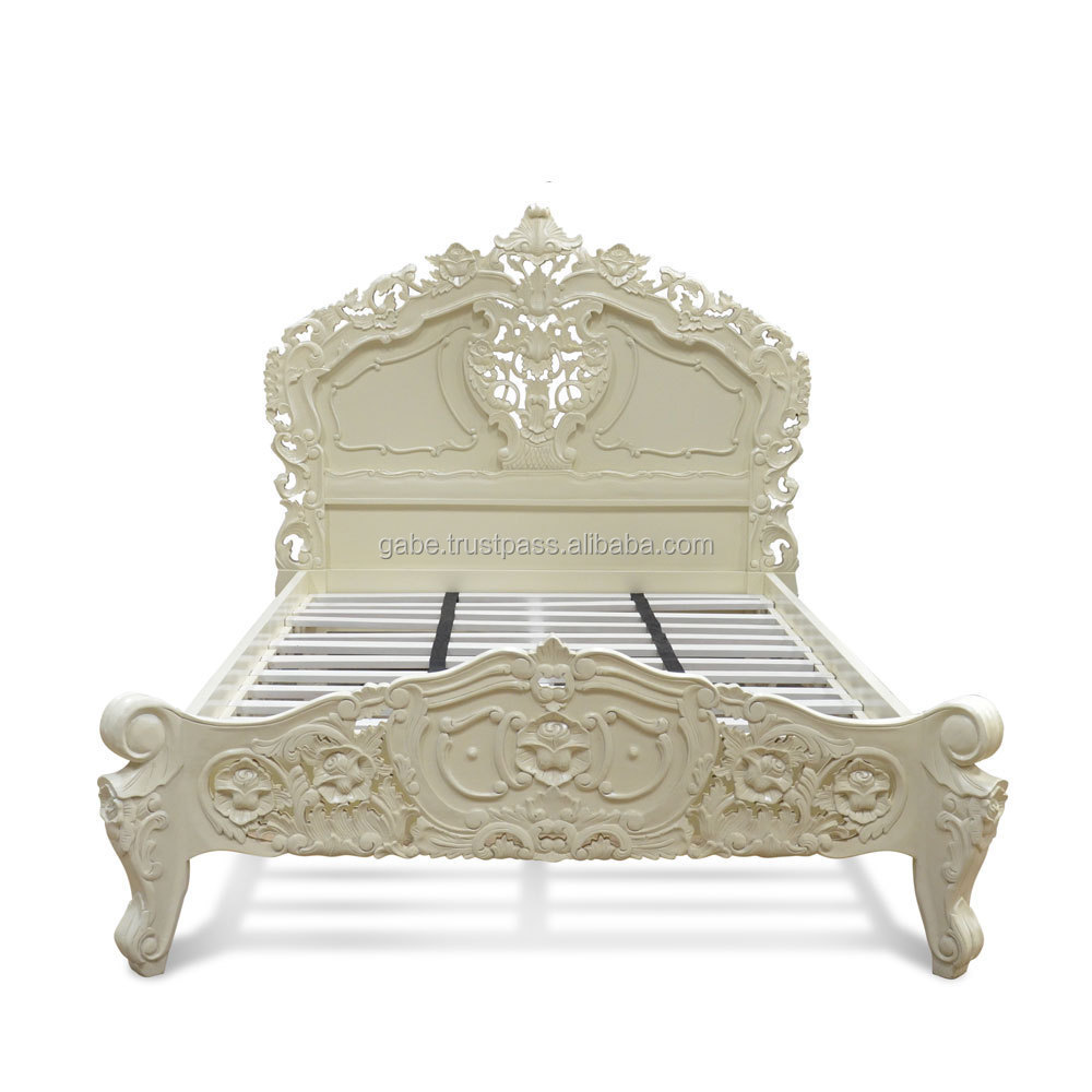 Ivory Elegance Rococo Style: Handcrafted King-Size Solid Mahogany Wood Bed with Ornate Detailing