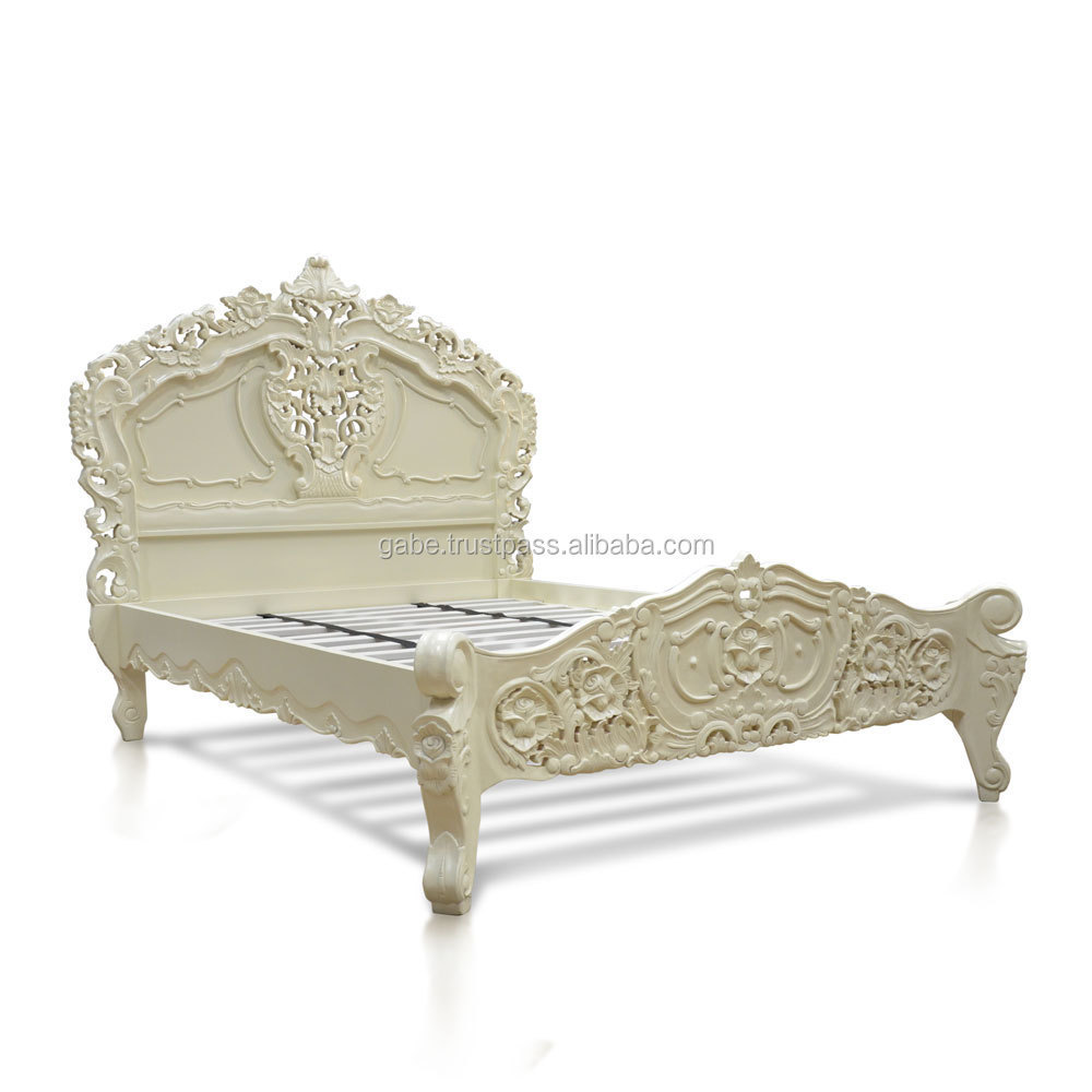 Ivory Elegance Rococo Style: Handcrafted King-Size Solid Mahogany Wood Bed with Ornate Detailing