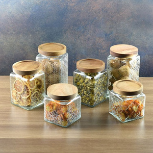 Glass Storage Jar 17 FL OZ Food Jar with Wooden Lid Kitchen Containers Decorative Airtight Glass Jars For Candy Cookies Coffee