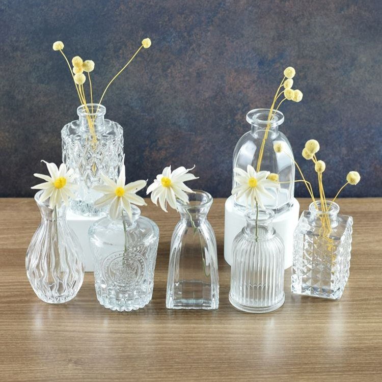 Modern Custom Made Home Decor Transparent Cylinder Clear Glass Crystal Bud Mini Vase For Wedding