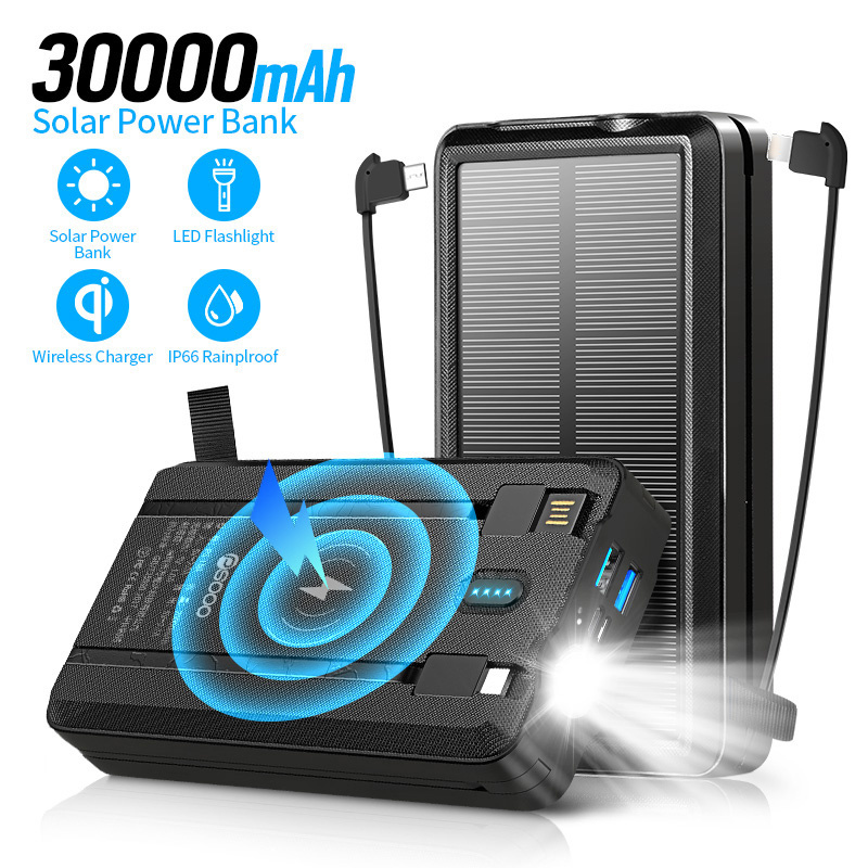 Solar panel power bank cigarette lighter build cable solar power bank with wireless charging 30000 mah