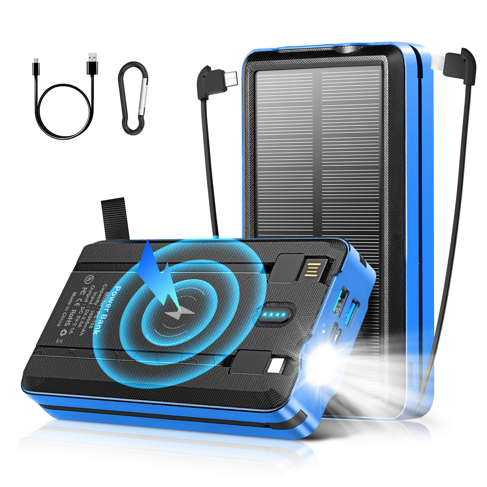 Solar panel power bank cigarette lighter build cable solar power bank with wireless charging 30000 mah