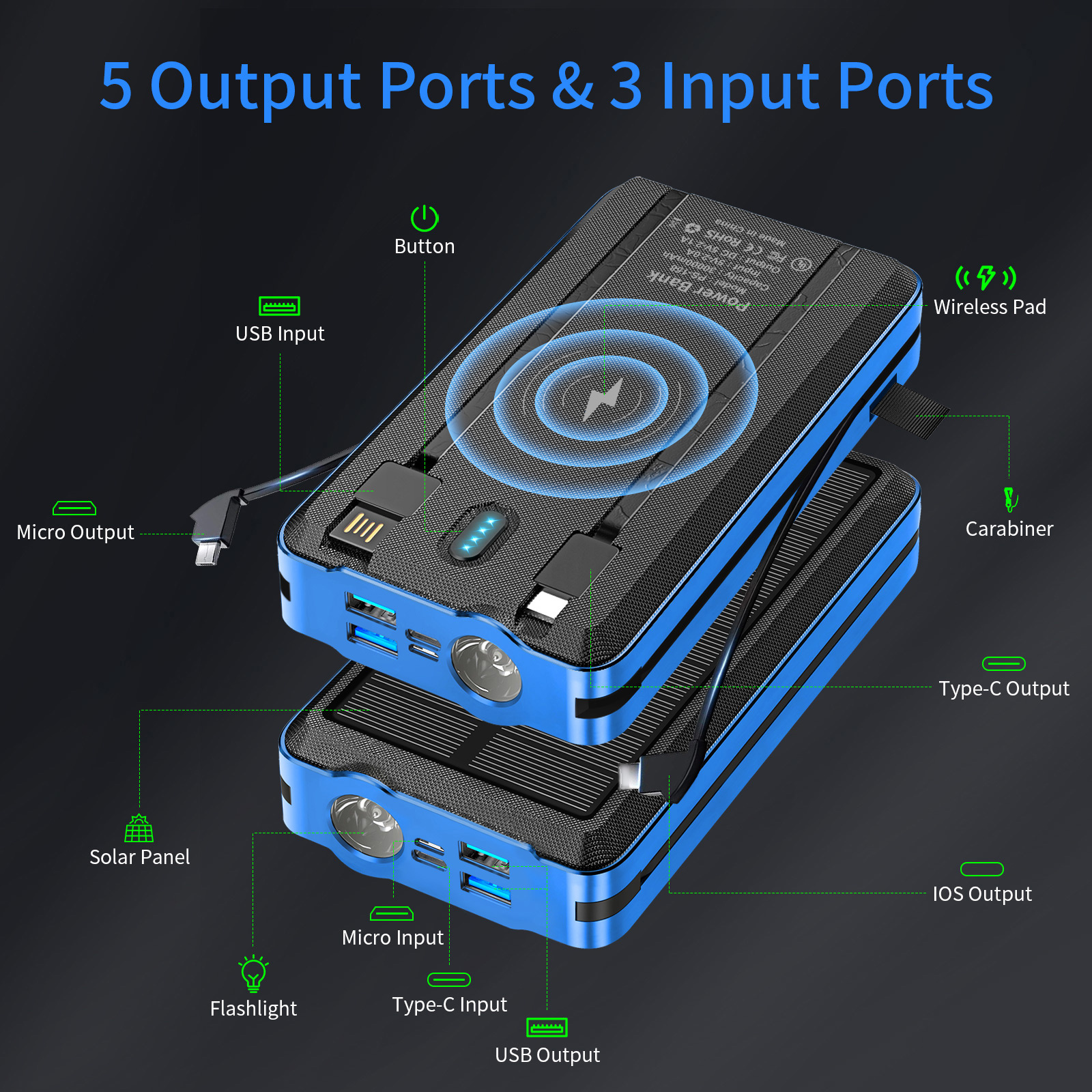 Solar panel power bank cigarette lighter build cable solar power bank with wireless charging 30000 mah