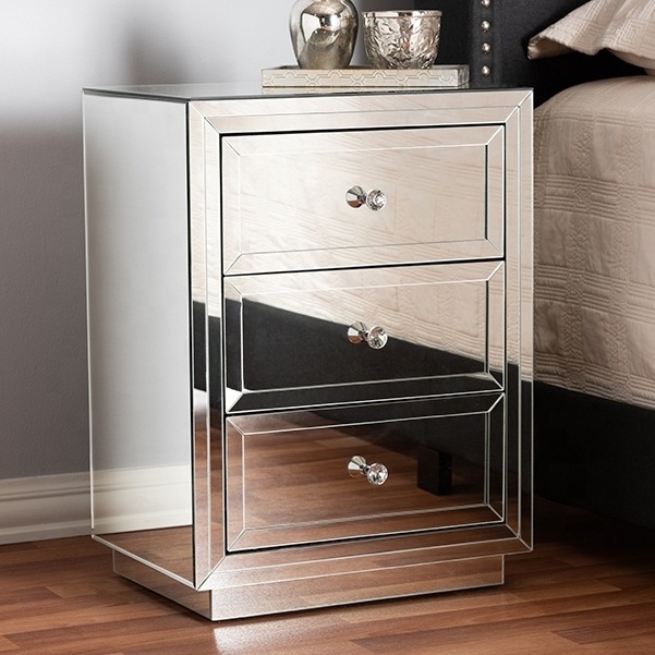 Accent bevelled mirrored night stand bedside table with 3 drawers