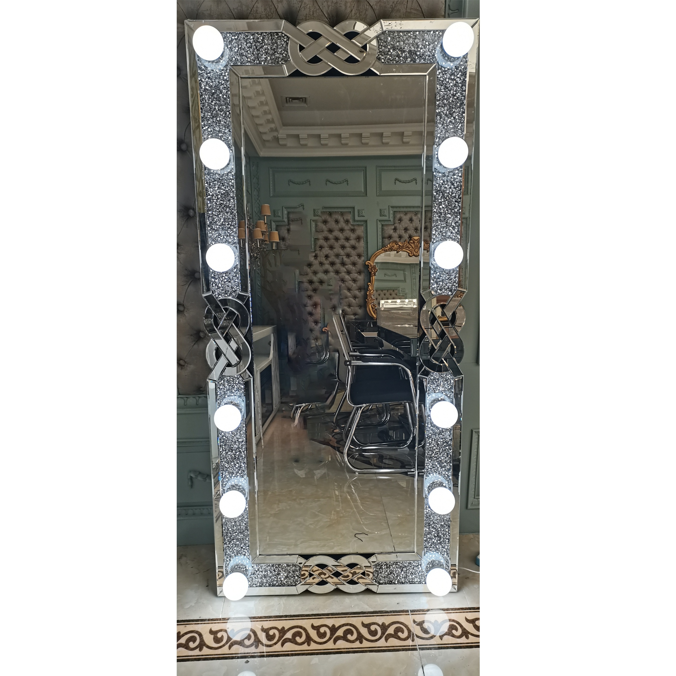 2022 US style crushed diamond Full length Hollywood mirror with free bulbs brightness adjustable with speaker and display makeup