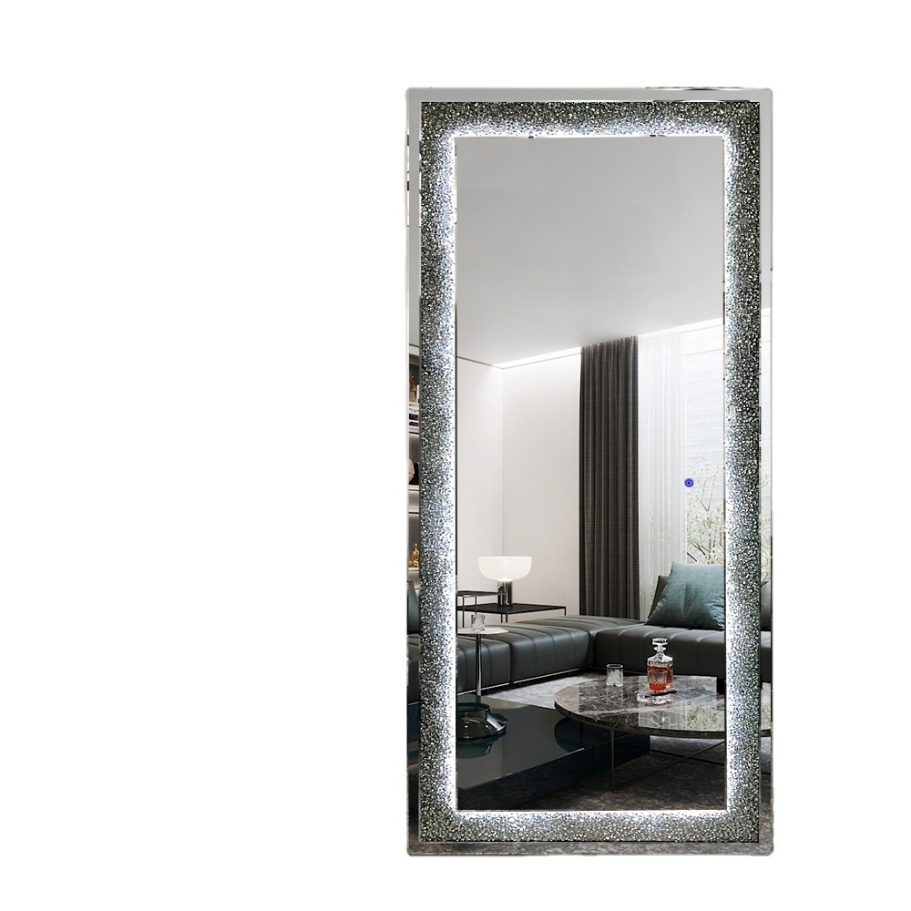 Glam mirror furniture diamond crushed mirrored LED light standing full length hollywoods mirror