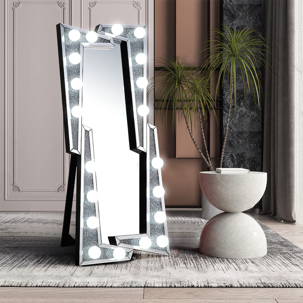 Glam mirror furniture diamond crushed mirrored LED light standing full length hollywoods mirror