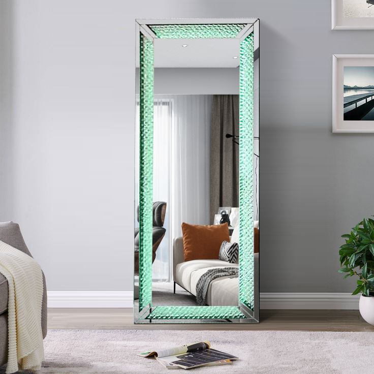 Glam mirror furniture diamond crushed mirrored LED light standing full length hollywoods mirror