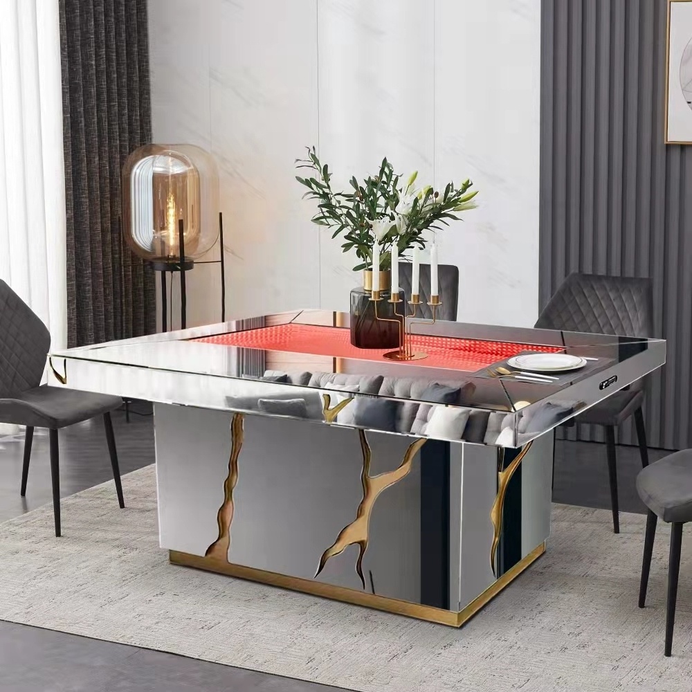 2021 Modern mirrored dining table rectangle buffet table with fireplace fire box insert for kitchen