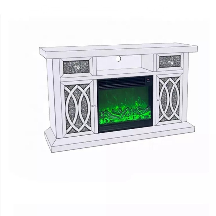 High Quality  Mirrored TV stand table unit with Fireplace with Heater Speaker Mirrored wine bar cabinet Espejos