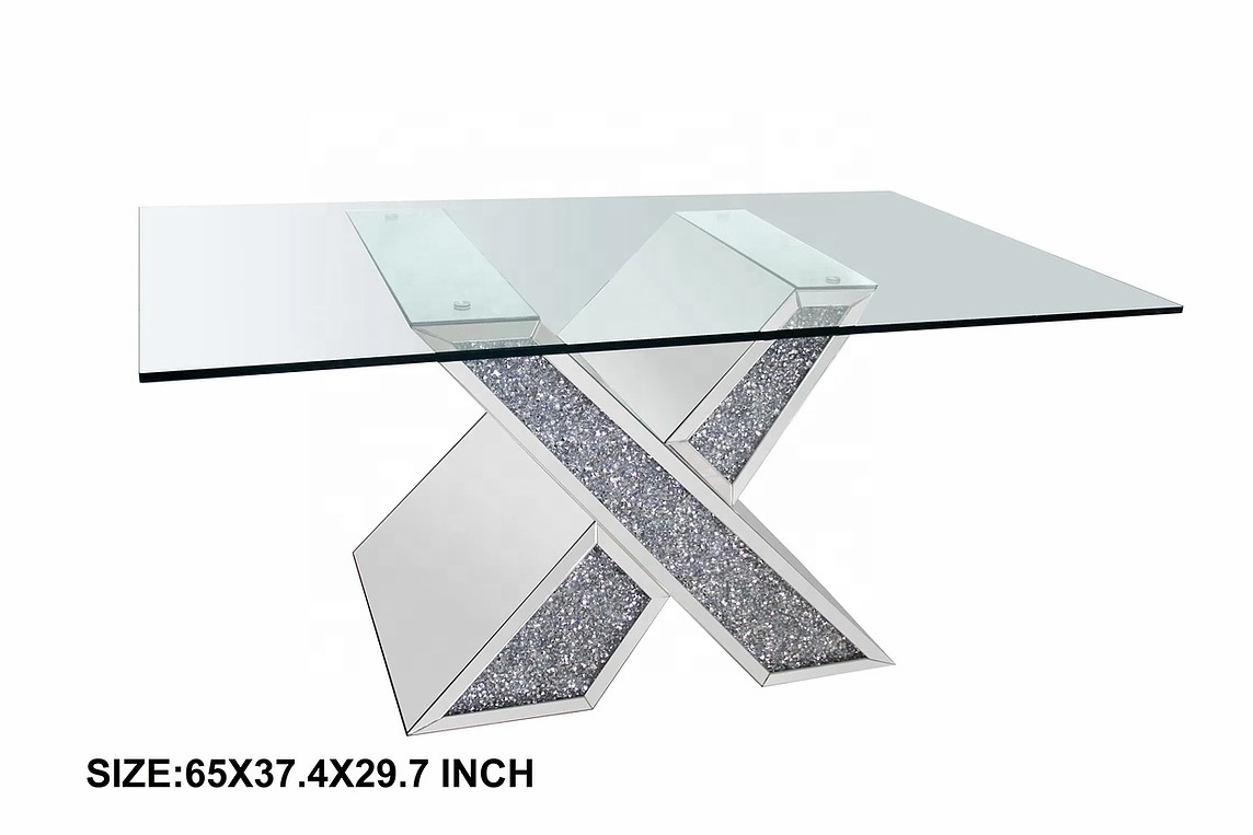 New fashion mirrored furniture high end rectangle mirrored dining table tempered glass on top with diamonds for kitchen