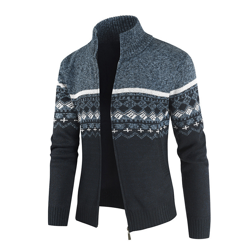 Casual Knitted Zipper Long Sleeve Christmas Sweater Stripped Stand Collar Men Cardigan