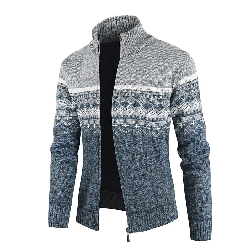 Casual Knitted Zipper Long Sleeve Christmas Sweater Stripped Stand Collar Men Cardigan