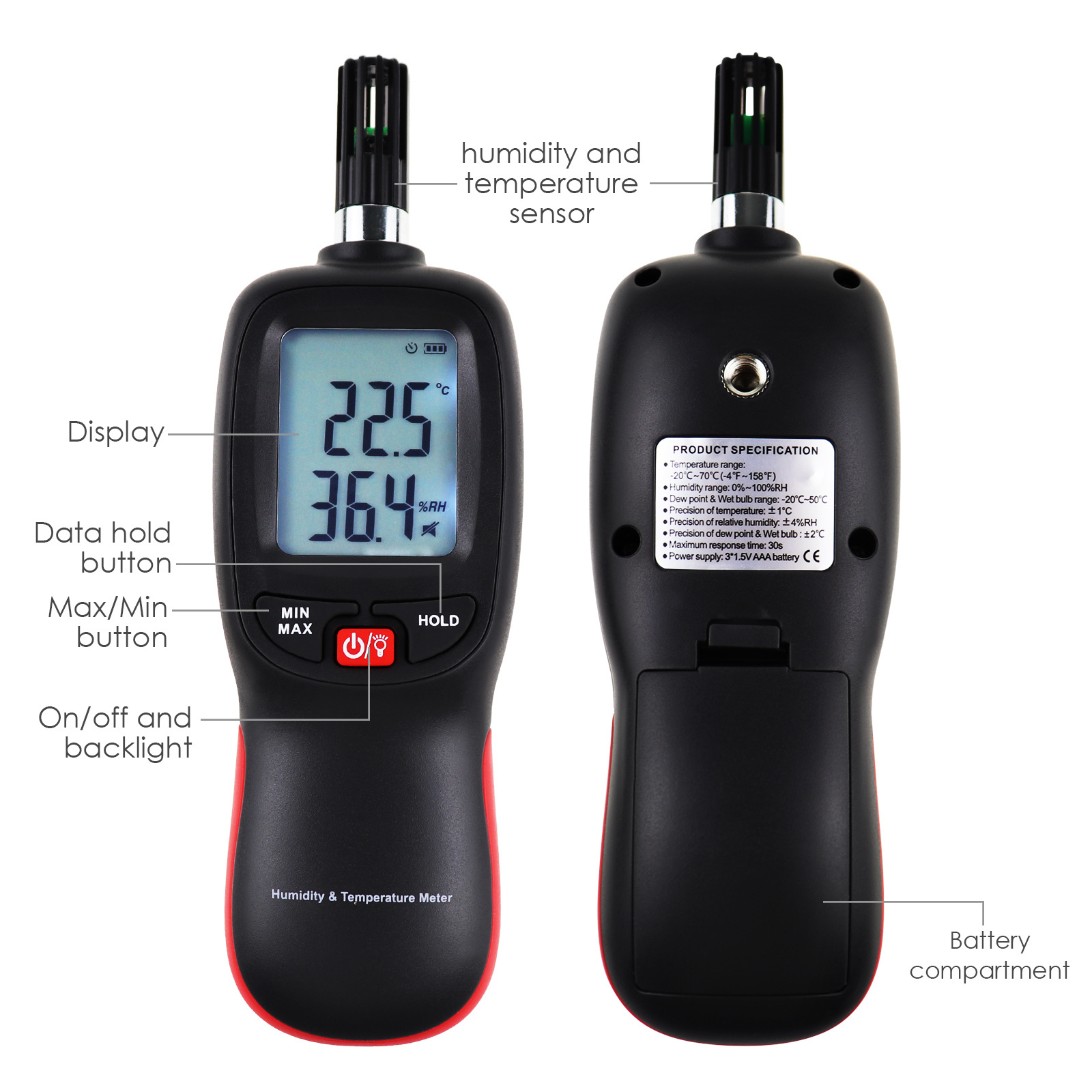 Dual Display Humidity & Temperature Psychrometer Meter Thermo-Hygrometer Wet Bulb Dew Point Portable Tester Measurement