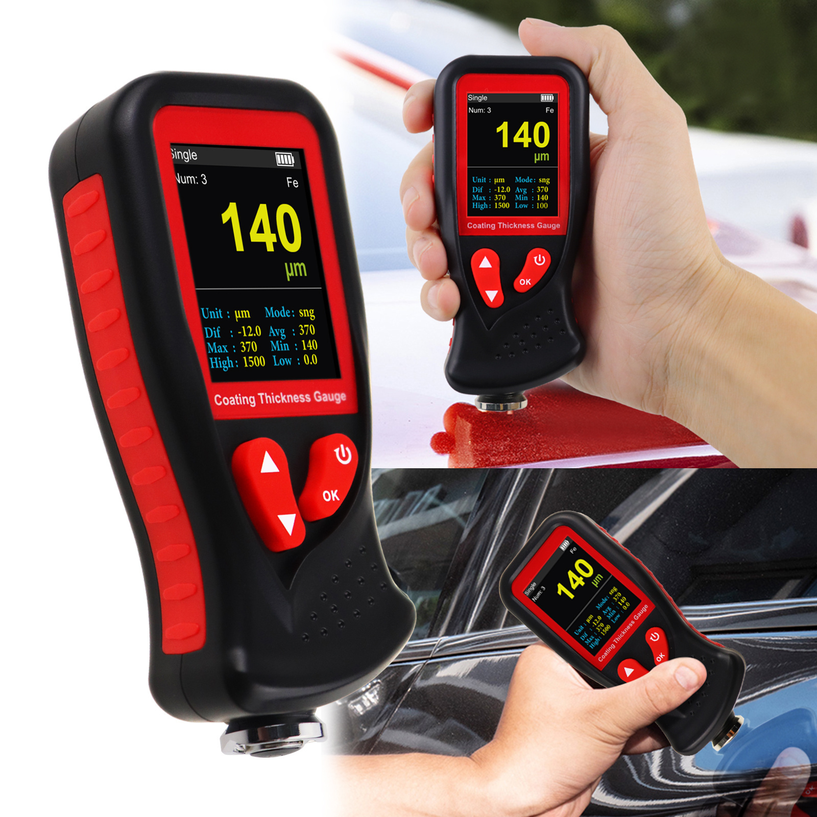 Color-Screen Display Portable Paint Coating Thickness Gauge Meter High Definition Automotive Tester with Rechargeable Battery