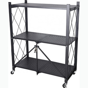 Collapsible 3-Tier Metal Shelf Rolling Shelf 3 Tier Storage Shelving Unit Garage Shelving Units