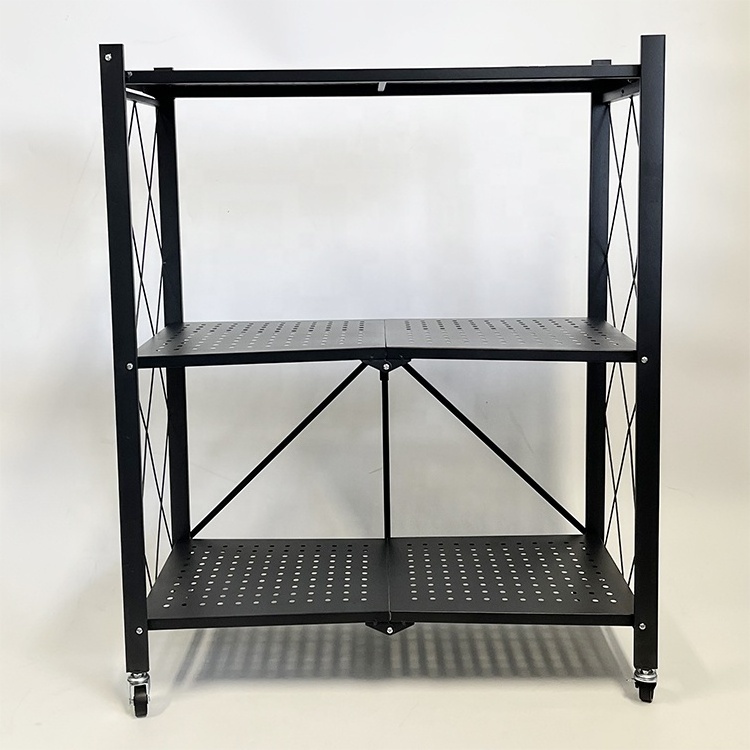 Collapsible 3-Tier Metal Shelf Rolling Shelf 3 Tier Storage Shelving Unit Garage Shelving Units