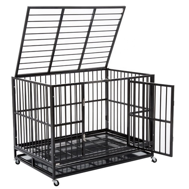 Heavy Duty Extra Large Dog Cage 48 Inch Crate Kennel Wheels Sturdy Locks Double Door Removable Tray Dog Cage