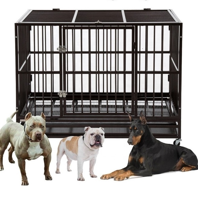 Heavy Duty Extra Large Dog Cage 48 Inch Crate Kennel Wheels Sturdy Locks Double Door Removable Tray Dog Cage