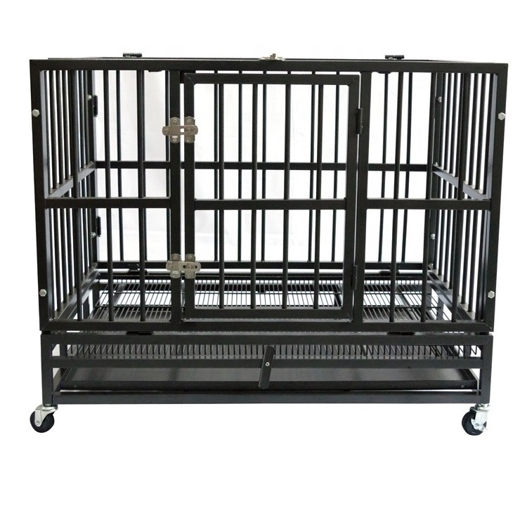 Heavy Duty Extra Large Dog Cage 48 Inch Crate Kennel Wheels Sturdy Locks Double Door Removable Tray Dog Cage