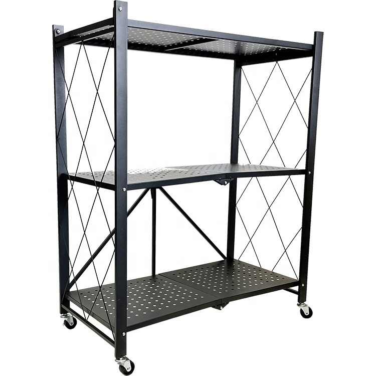 Collapsible 3-Tier Metal Shelf Rolling Shelf 3 Tier Storage Shelving Unit Garage Shelving Units