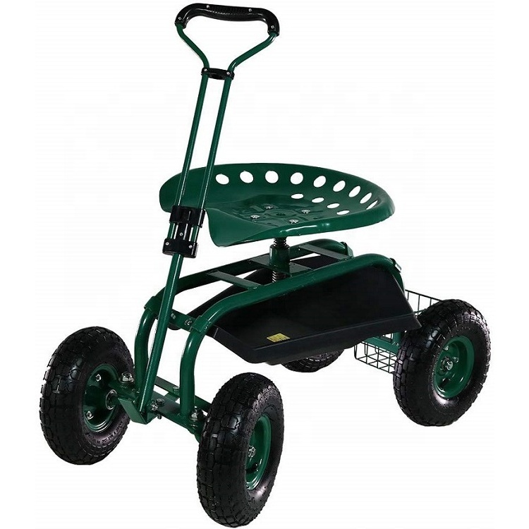 Heavy Duty Rolling Garden Work Seat Cart Gardening Scooter With Storage Basket Tray