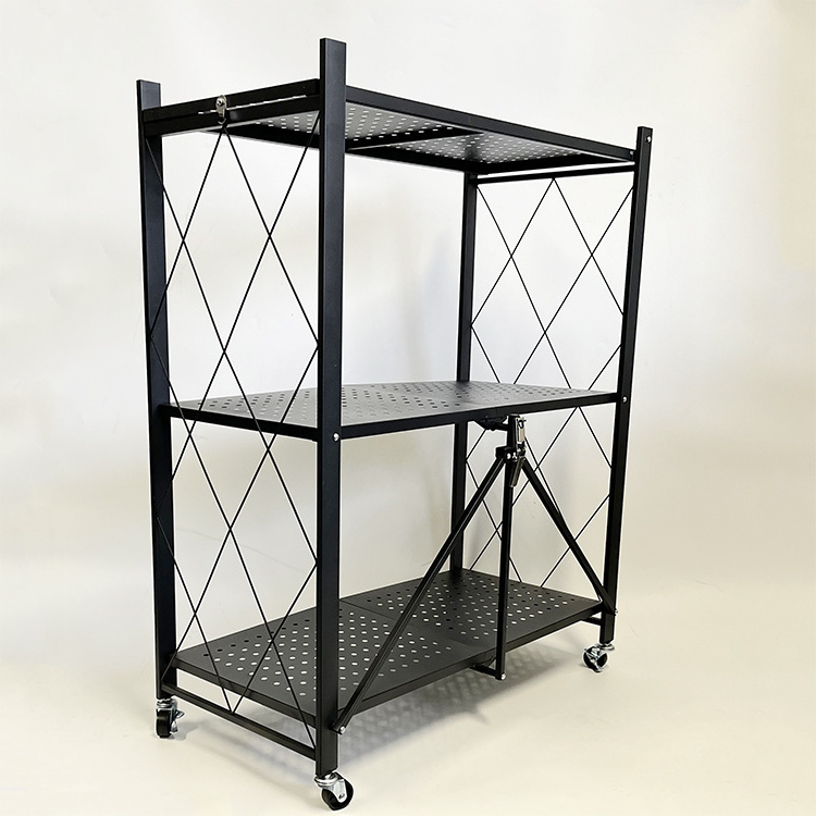 Collapsible 3-Tier Metal Shelf Rolling Shelf 3 Tier Storage Shelving Unit Garage Shelving Units