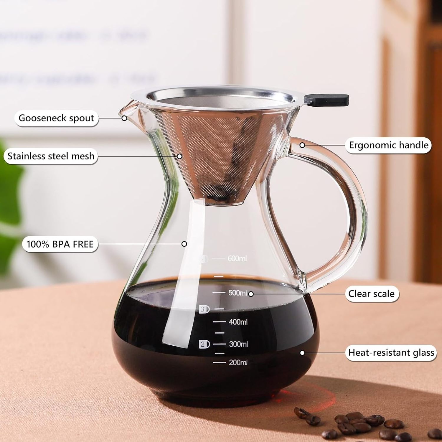 Pour Over Coffee Dripper for Coffee maker, Borosilicate Glass Carafe and Reusable Stainless Steel Permanent Filter