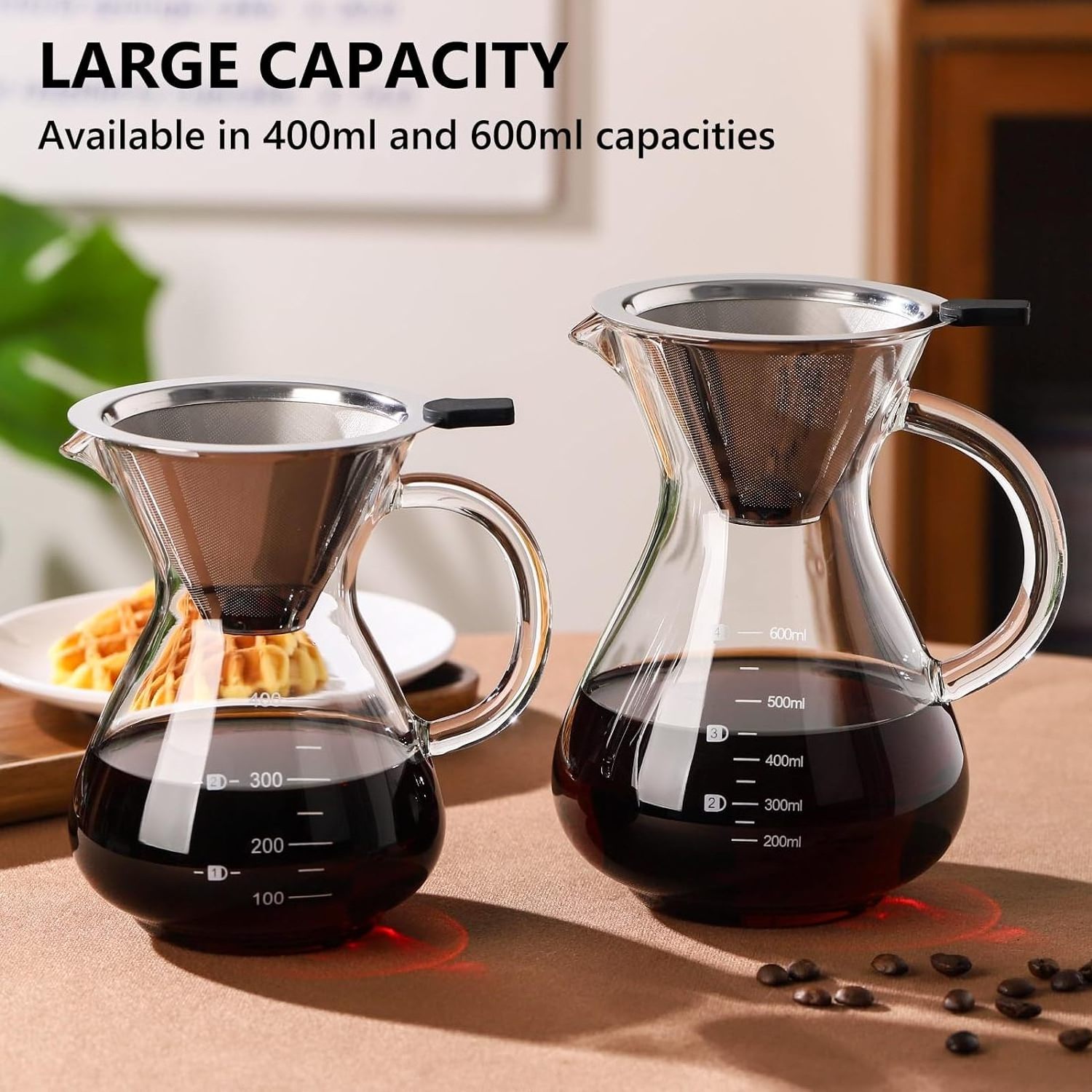 Pour Over Coffee Dripper for Coffee maker, Borosilicate Glass Carafe and Reusable Stainless Steel Permanent Filter