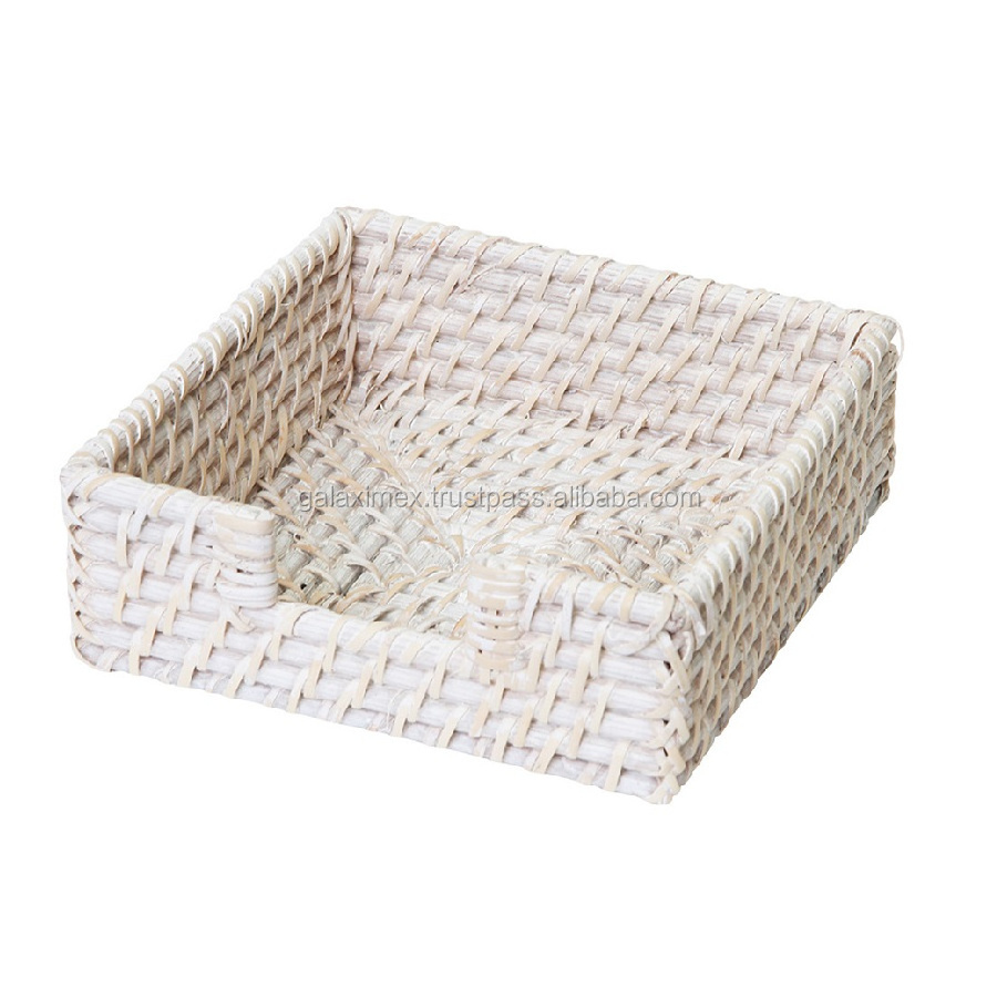 White Wash Square Rattan Tissue Box / Cover Handwoven Rattan Napkin Holder for Home