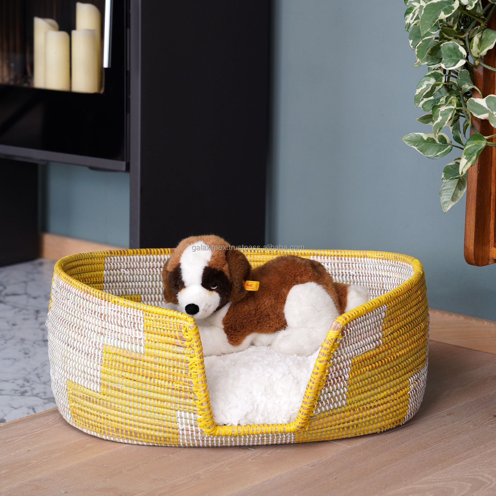 Wholesale White seagrass handwoven pet bed seagrass wicker dog cat bed with cushion eco friendly from pet supplies factory