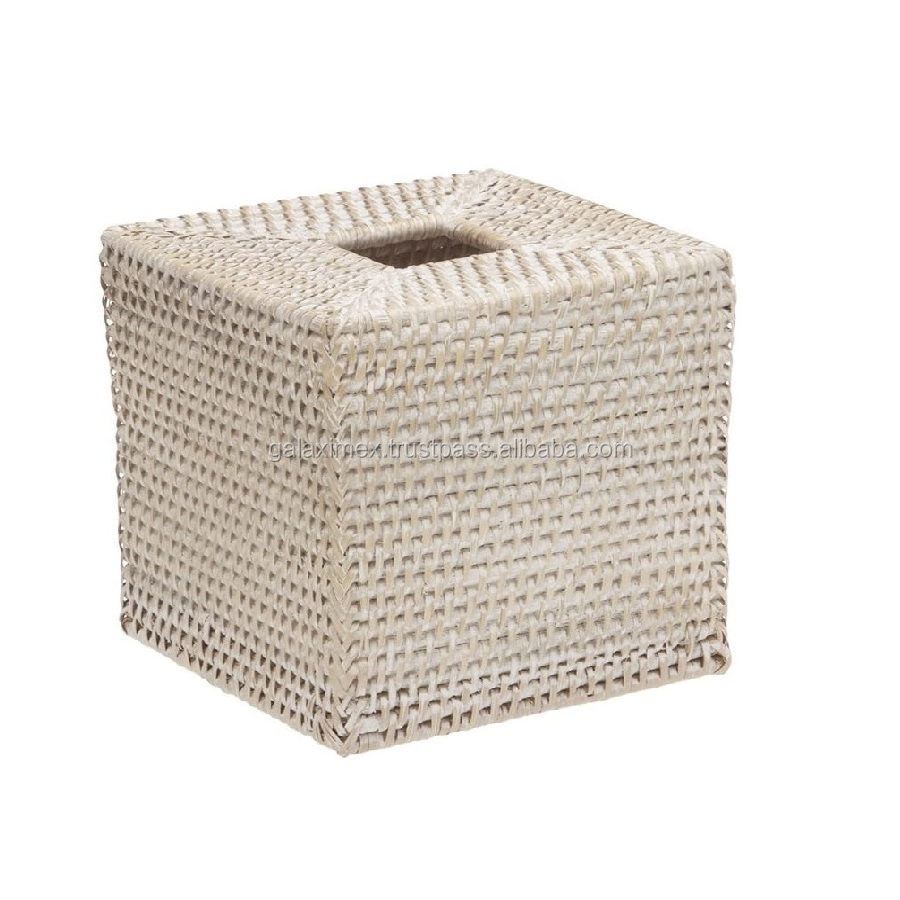 White Wash Square Rattan Tissue Box / Cover Handwoven Rattan Napkin Holder for Home