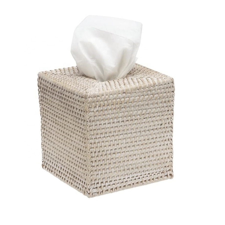 White Wash Square Rattan Tissue Box / Cover Handwoven Rattan Napkin Holder for Home