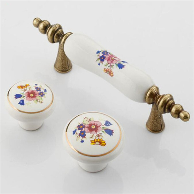 Chinese Style Luxury Retro Vintage Kitchen Bedroom Cabinet Drawer Ceramic Brass Pull Push Handle