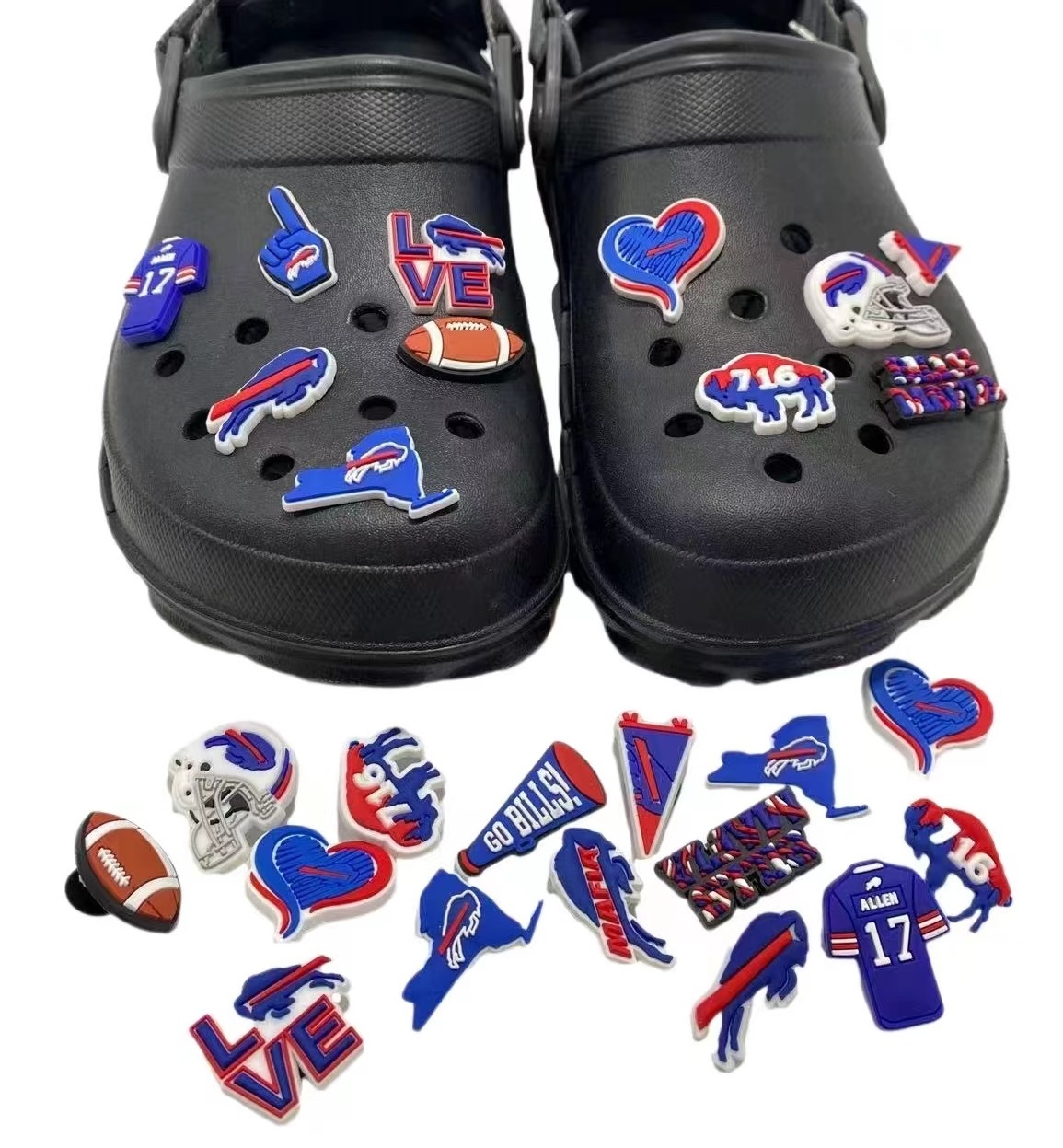 2024 hot selling American football accessories for Buffalo Football Team PVC shoe charms shoe decorations clog charms wholesale