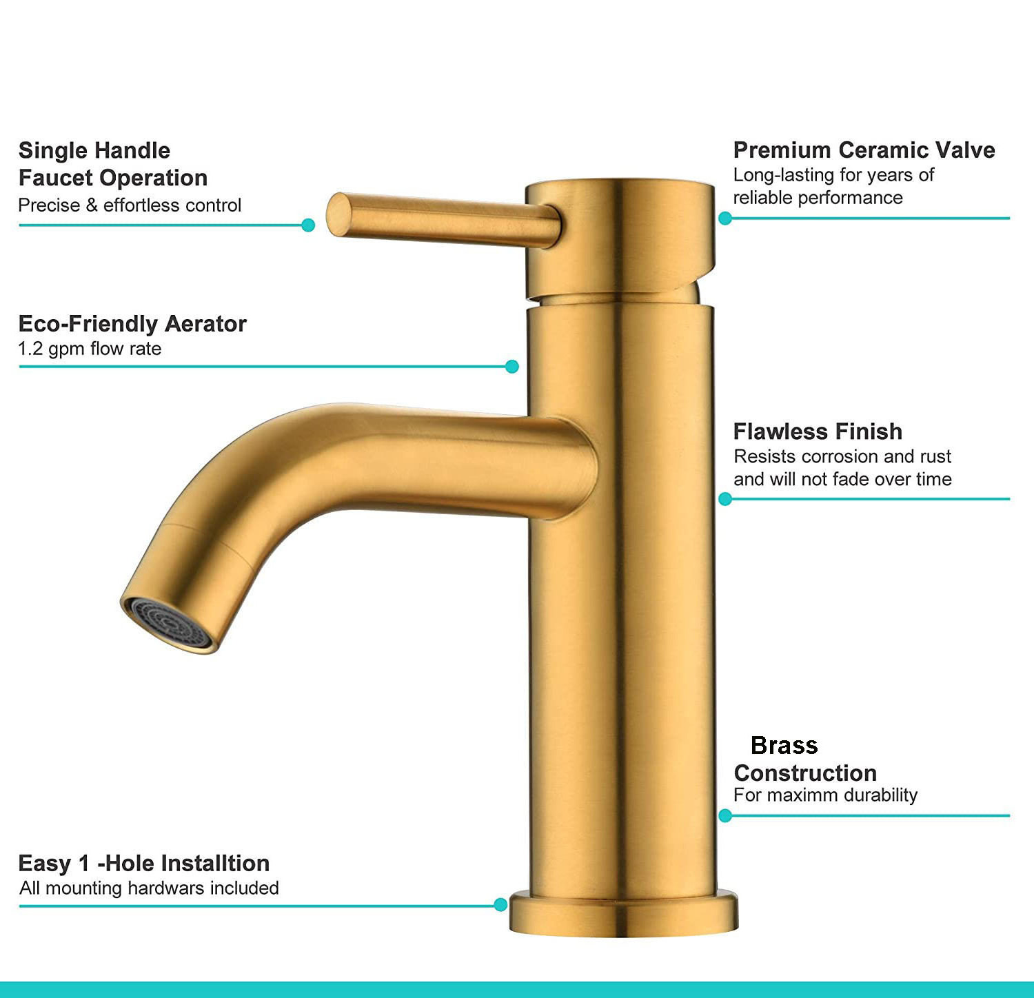 GALENPOO Bathroom Faucet Brushed Gold,Single Hole Bathroom Sink Faucet Brass,Modern Single Handle Vanity Faucet