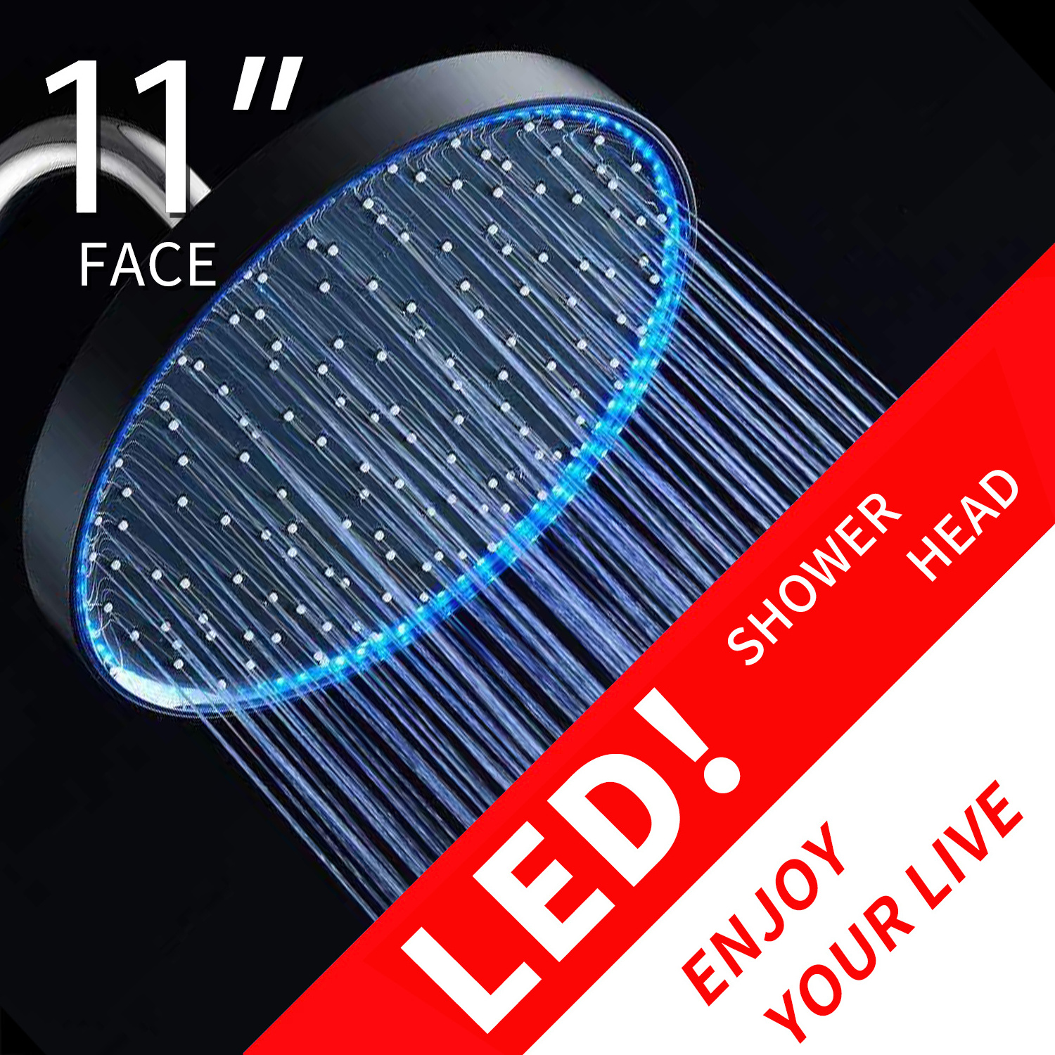 Galenpoo shower head led with hose, waterfall and rainfall shower head with led lights, led meteor shower rain lights