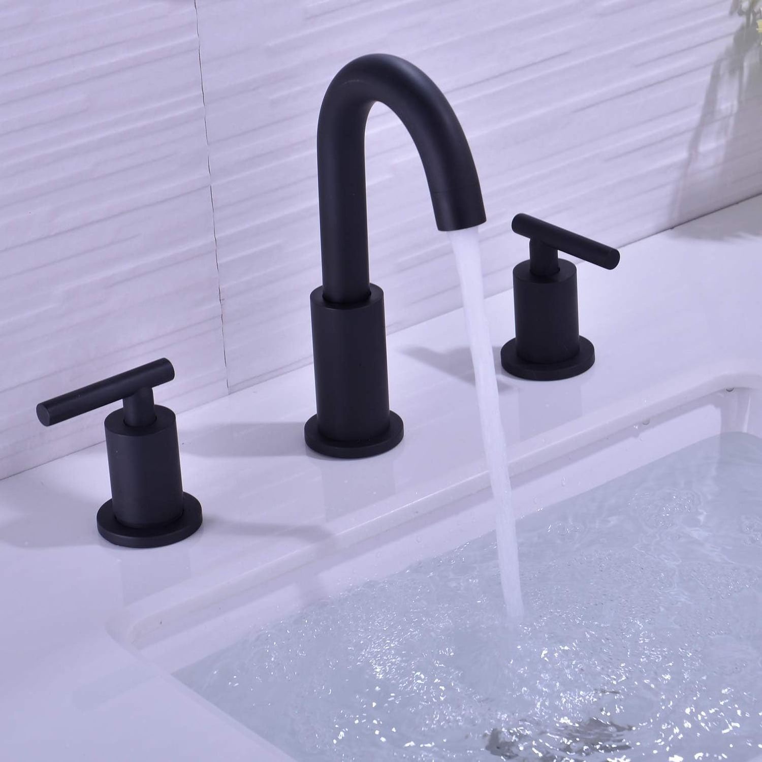 Two Handle Bathroom Sink Faucet with Metal Overflow Drain Widespread Bathroom Faucet with 360 degree  Swivel Gooseneck